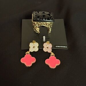 Bundle Fashion jewelry clover earrings and stretchable ring